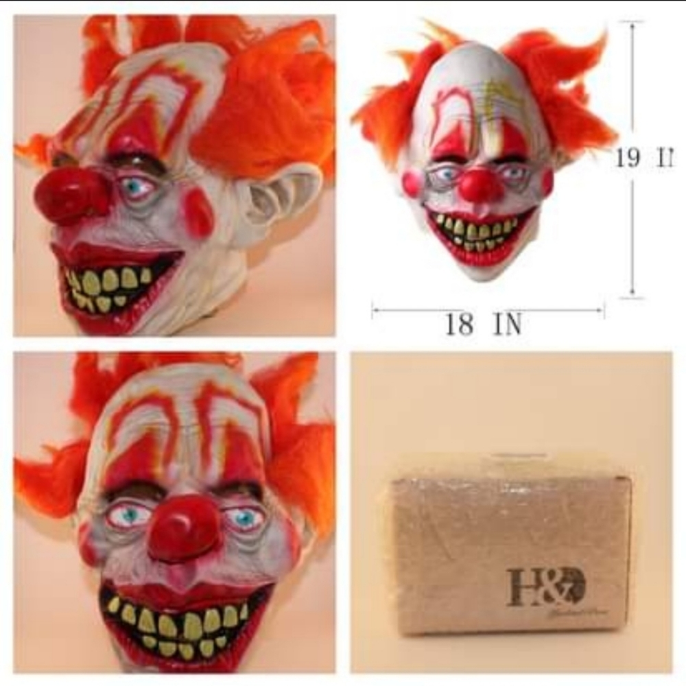 Clown Mask Scary Joker Orange Hair, New, Halloween